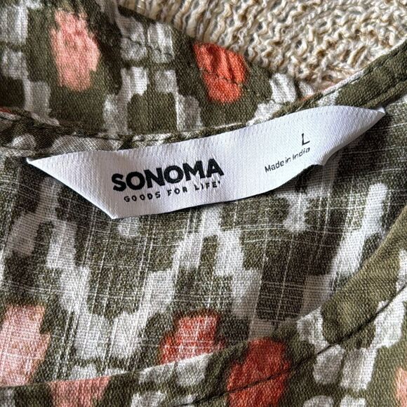 Sonoma Sleeveless Boho Blouse  Olive‎ Green White Coral Geometric Print Sz Large - Picture 6 of 6